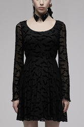 ブラックミニマリストフレアスリーブバットムーン植毛プリントパターン長袖パンクレディースドレス